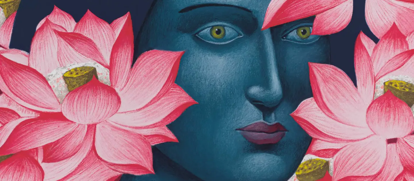 Illustration einer Frau mit dunklem Haar, umgeben von großen rosa Lotusblumen mit gelben Samenständen