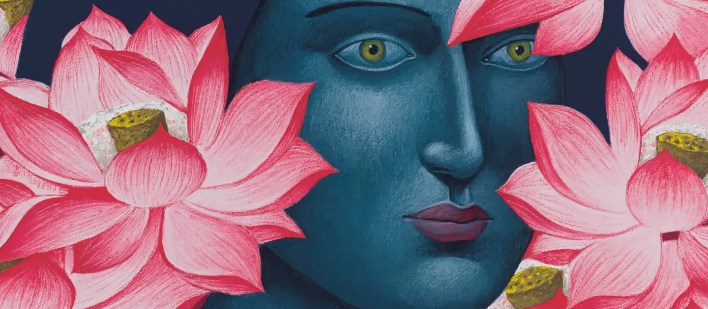 Illustration einer Frau mit dunklem Haar, umgeben von großen rosa Lotusblumen mit gelben Samenständen