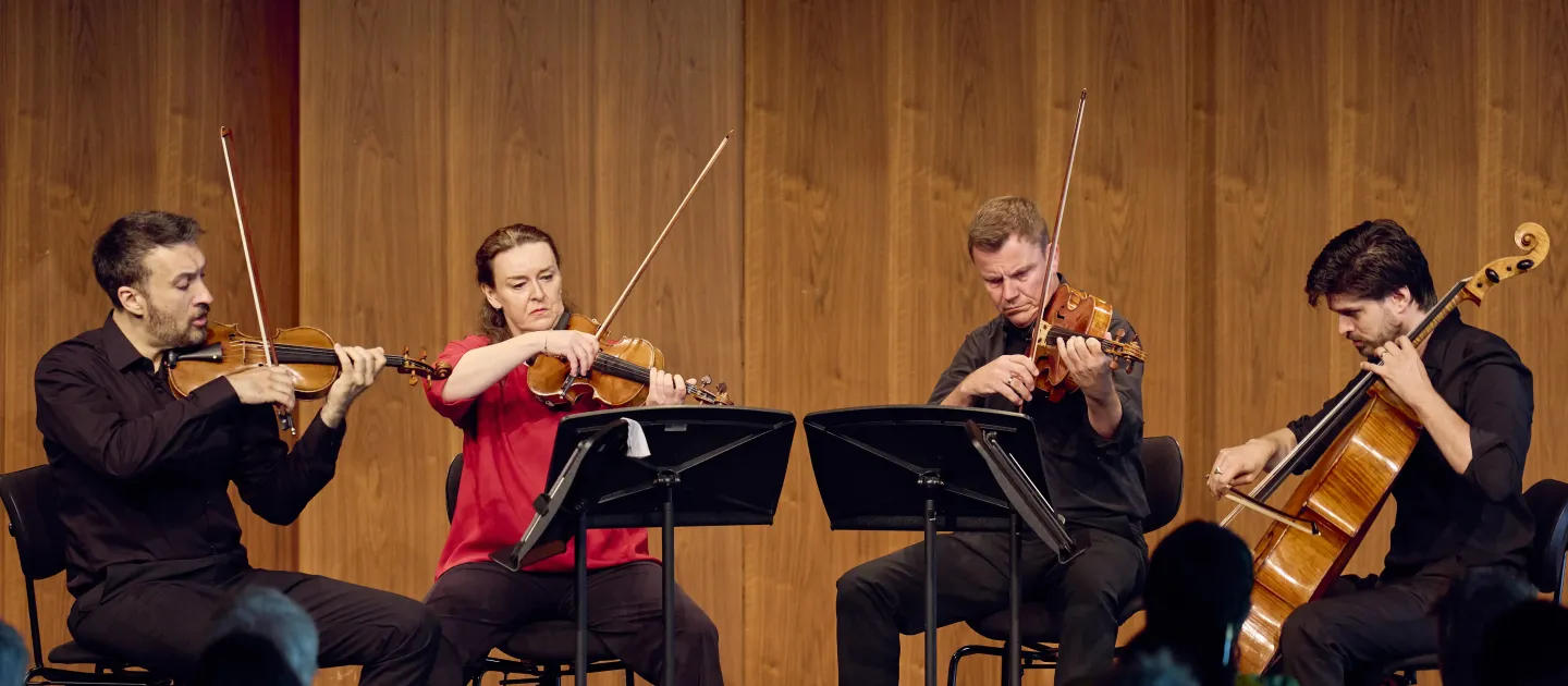 © Bregenzer Festspiele / Anja Koehler Vier Musiker in schwarzer Kleidung spielen ein Streichquartett auf der Bühne. Zwei Violinisten, ein Bratschist und ein Cellist stehen in einer Reihe hinter Notenständern.