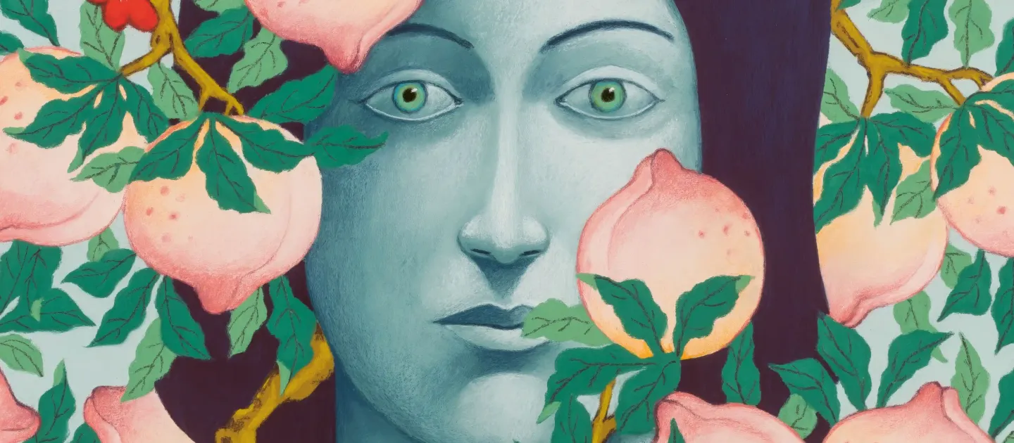 Nicolas Party, Trees, 2019, Courtesy the artist and Hauser & Wirth; Foto: Thomas Barratt Gemälde mit mehreren Pfirsichen an grünen Zweigen vor dunkelblauem Hintergrund der ein Gesicht darstellt