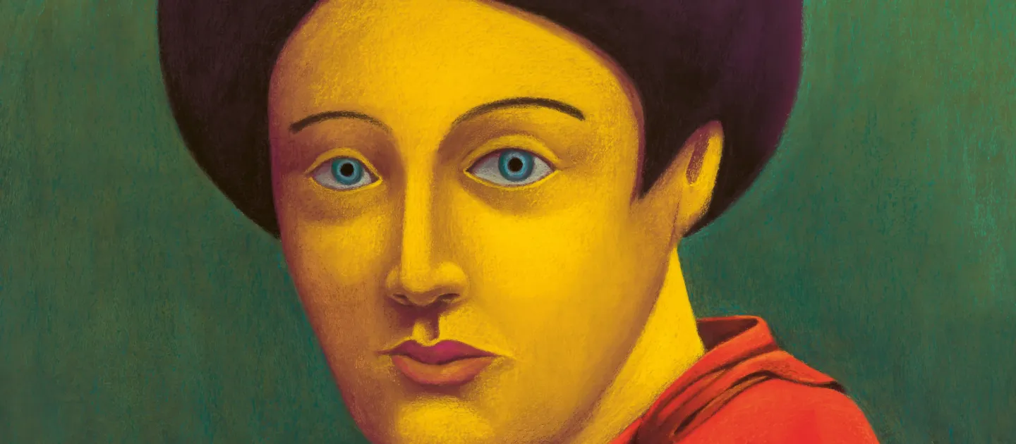 Porträt einer Person mit kurzem, lockigem Haar, rotem Oberteil und grünem Hintergrund.