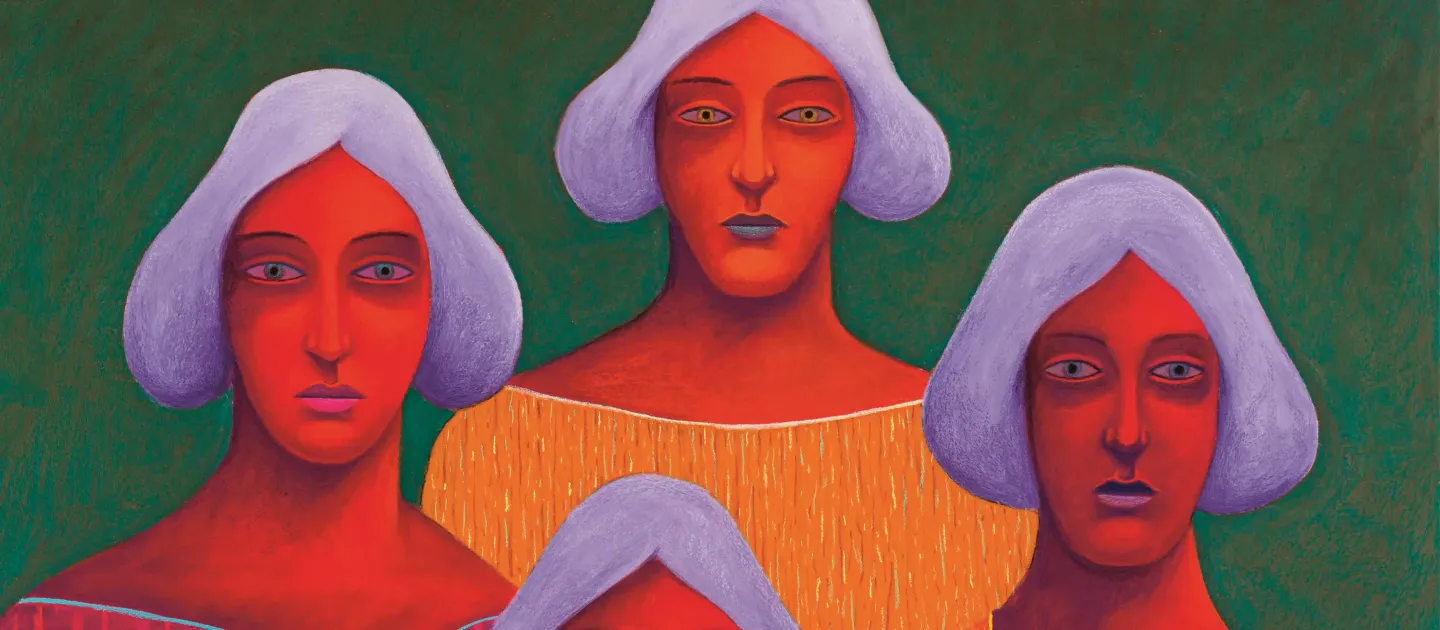 Nicolas Party, Four Portraits, 2018, Courtesy of the artist and Hauser & Wirth; Foto: Adam Reich Vier Personen mit violetten Haaren und roten Oberkörpern vor grünem Hintergrund, eine trägt ein orangefarbenes Oberteil.