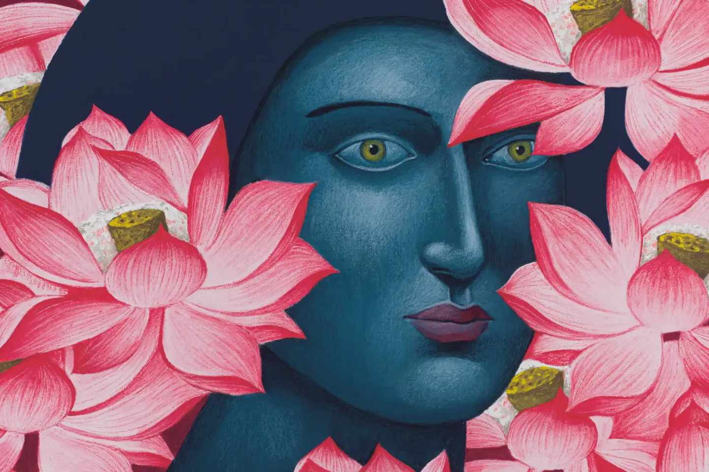 Illustration einer Frau mit dunklem Haar, umgeben von großen rosa Lotusblumen mit gelben Samenständen