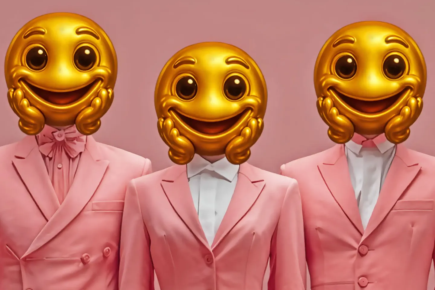 © Bregenzer Festspiele Drei Personen in rosa Anzügen mit weißen Hemden und weißen Handschuhen tragen große lachende Emoji-Masken als Köpfe