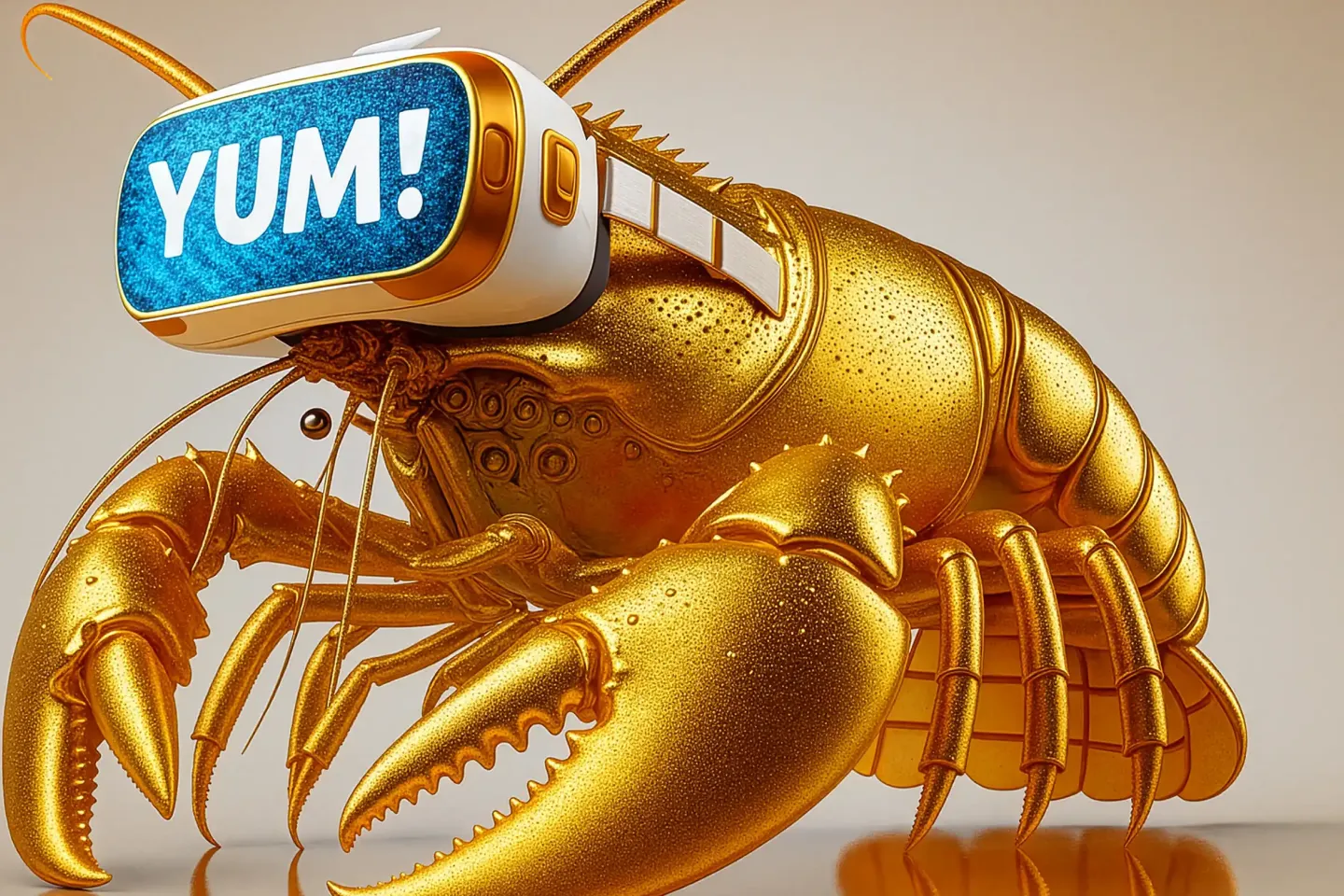 © Bregenzer Festspiele Goldfarbener Hummer mit einer Virtual-Reality-Brille, auf der 'YUM!' steht