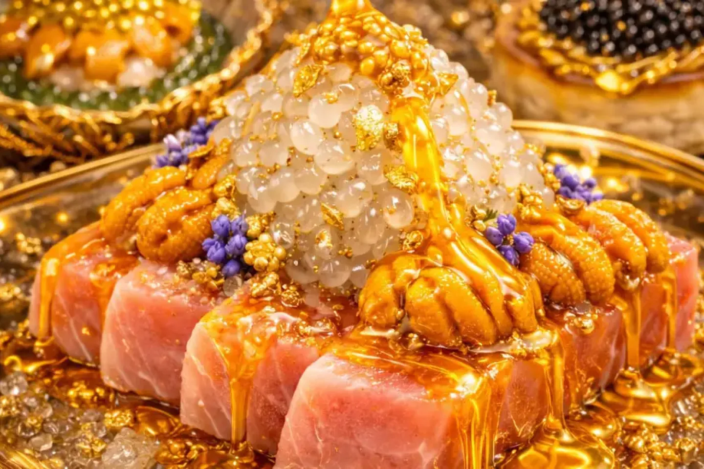 © Bregenzer Festspiele Ansprechend angerichtete Sushi-Platte mit rohem Fisch, garniert mit goldfarbenem Honig oder Sirup, kleinen lila Blüten und einer Spitze aus durchsichtigen Perlen.