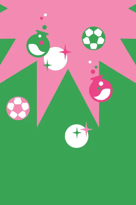 Grüne und weiße Weihnachtskugeln mit Fußballmuster hängen vor einem pinken Stern auf grünem Hintergrund