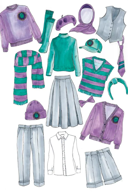 Verschiedene Kleidungsstücke in Lila, Grün und Weiß, darunter Pullover, Weste, Krawatte, Mütze, Schal, Rock, Hose, Shorts, Hemd, Polohemd und Baseballkappe