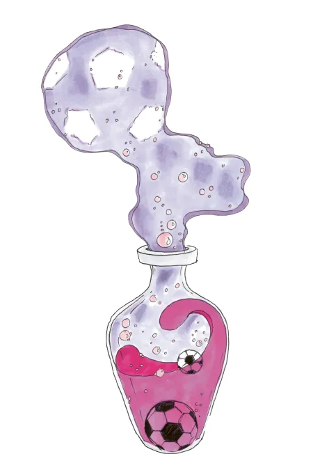 Glasflasche mit pinker Flüssigkeit und zwei Fußballmotiven, aus der violetter Rauch aufsteigt