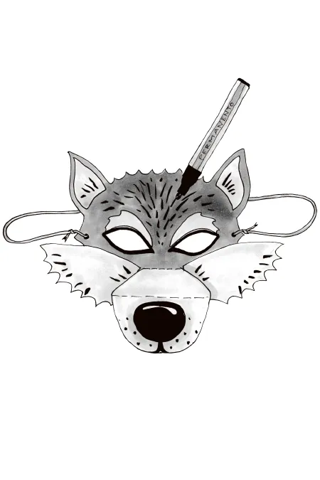 Graue Wolfmaske mit weißen Akzenten, schwarzer Nase und einem schwarzen Stift, der auf der Stirn liegt