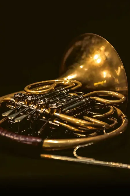 Ein golendes Horn (Musikinstrument) auf schwarzem Hintergrund