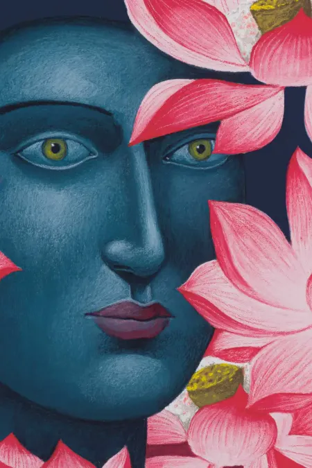 Illustration einer Frau mit dunklem Haar, umgeben von großen rosa Lotusblumen mit gelben Samenständen