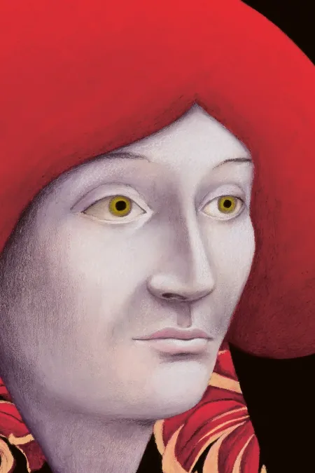 Porträt einer Person mit rotem, rundem Hut und Kleid mit roten und weißen Blumenmustern vor schwarzem Hintergrund.