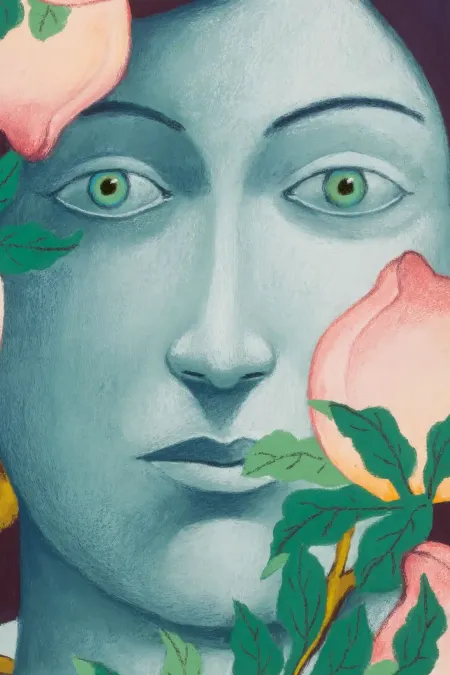 Gemälde mit mehreren Pfirsichen an grünen Zweigen vor dunkelblauem Hintergrund der ein Gesicht darstellt