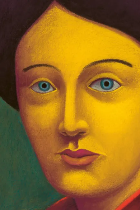 Nicolas Party, Portrait, 2022, Courtesy the artist and Hauser & Wirth; Foto: Adam Reich Porträt einer Person mit kurzem, lockigem Haar, rotem Oberteil und grünem Hintergrund.