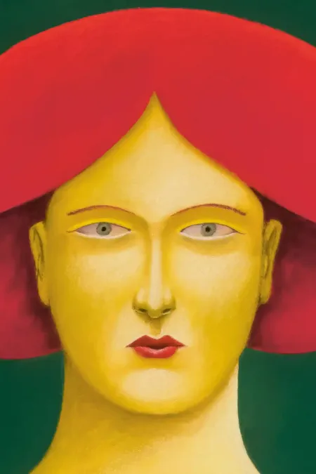 Porträt einer Person mit gelber Hautfarbe, die viele rote Haare hat mit einer kleinen gelben Libelle, vor grünem Hintergrund.