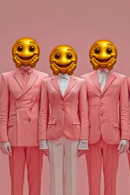Drei Personen in rosa Anzügen mit weißen Hemden und weißen Handschuhen tragen große lachende Emoji-Masken als Köpfe