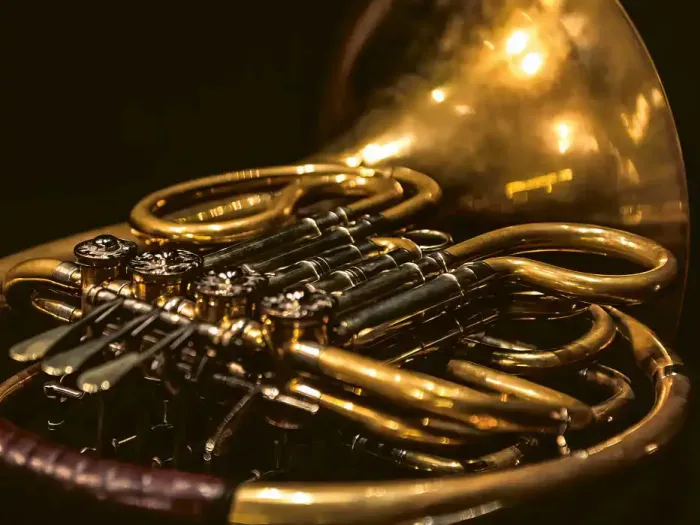 Ein golendes Horn (Musikinstrument) auf schwarzem Hintergrund