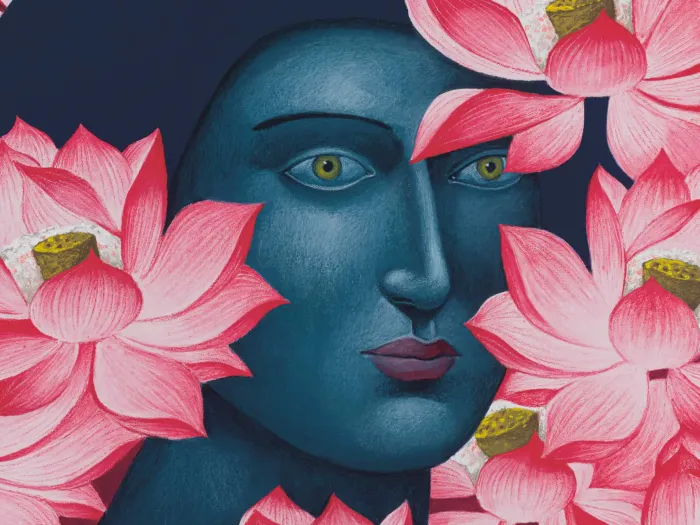 Illustration einer Frau mit dunklem Haar, umgeben von großen rosa Lotusblumen mit gelben Samenständen