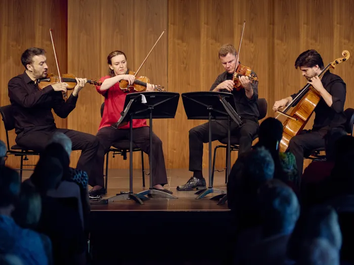 Vier Musiker in schwarzer Kleidung spielen ein Streichquartett auf der Bühne. Zwei Violinisten, ein Bratschist und ein Cellist stehen in einer Reihe hinter Notenständern.