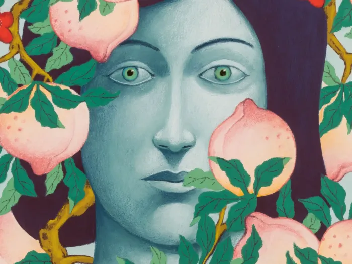 Gemälde mit mehreren Pfirsichen an grünen Zweigen vor dunkelblauem Hintergrund der ein Gesicht darstellt