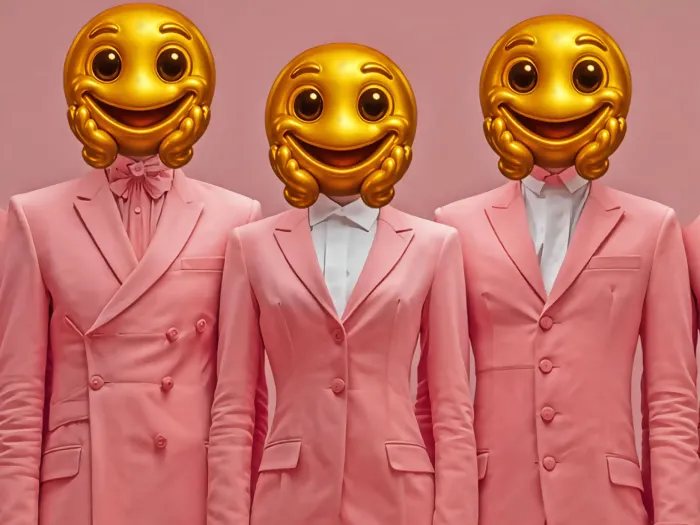 © Bregenzer Festspiele Drei Personen in rosa Anzügen mit weißen Hemden und weißen Handschuhen tragen große lachende Emoji-Masken als Köpfe