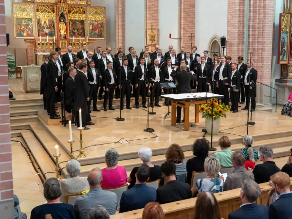 Männerchor in schwarzen Anzügen singt in einer Kirche vor Publikum, Dirigent steht vor ihnen am Notenpult
