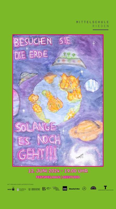 Plakat "Besuchen Sie die Erde solange es noch geht!" - eine brennende Erde mit Aliens im Anflug. 